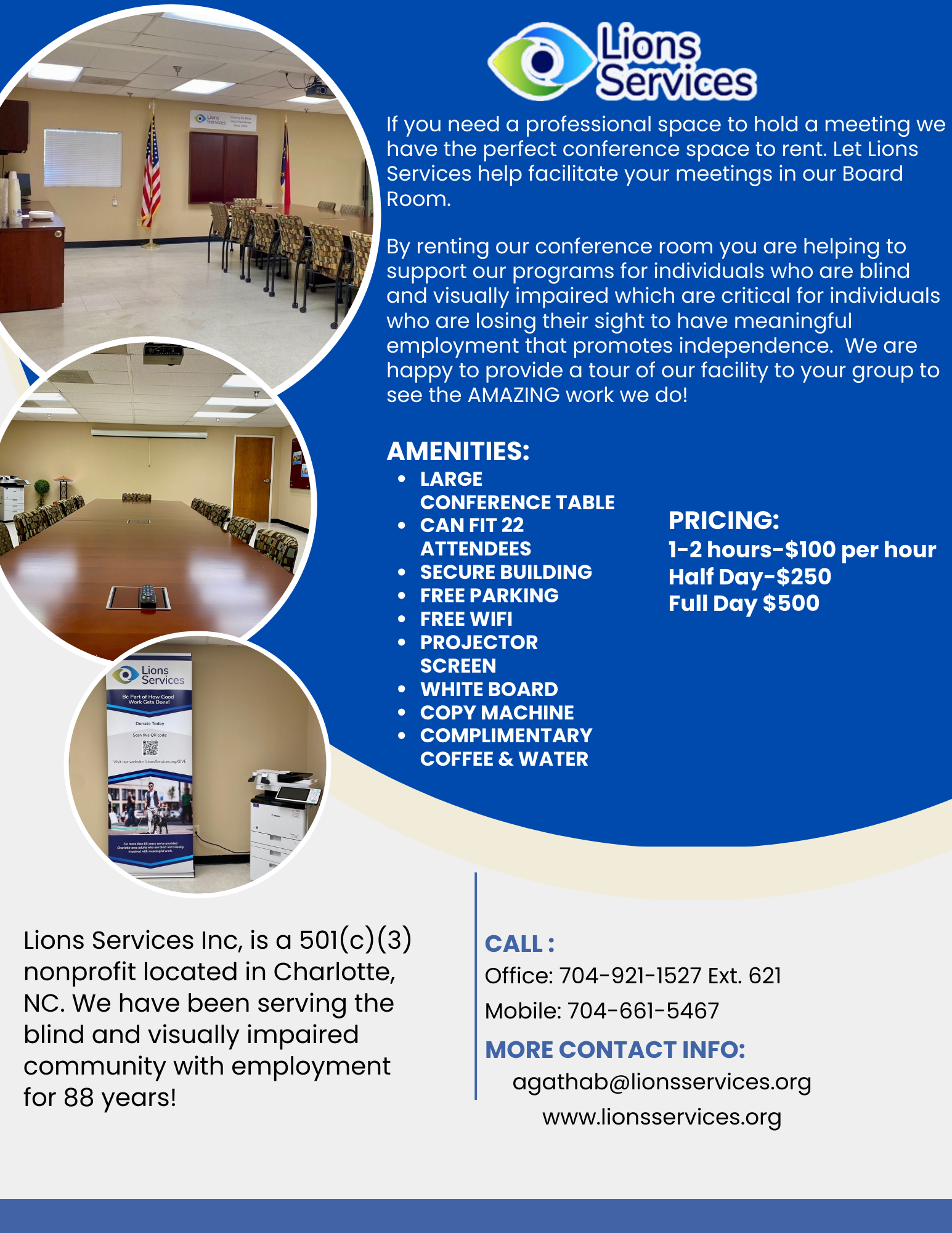 Lions Services Conference Room Rental in Charlotte North Carolina, Rent Lions Services' Board Room for You & Your Team!